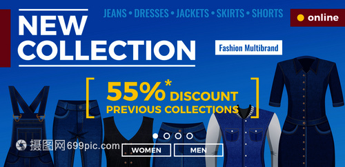 牛仔服装男女网页横幅与菜单模板广告蓝色背景矢量插图